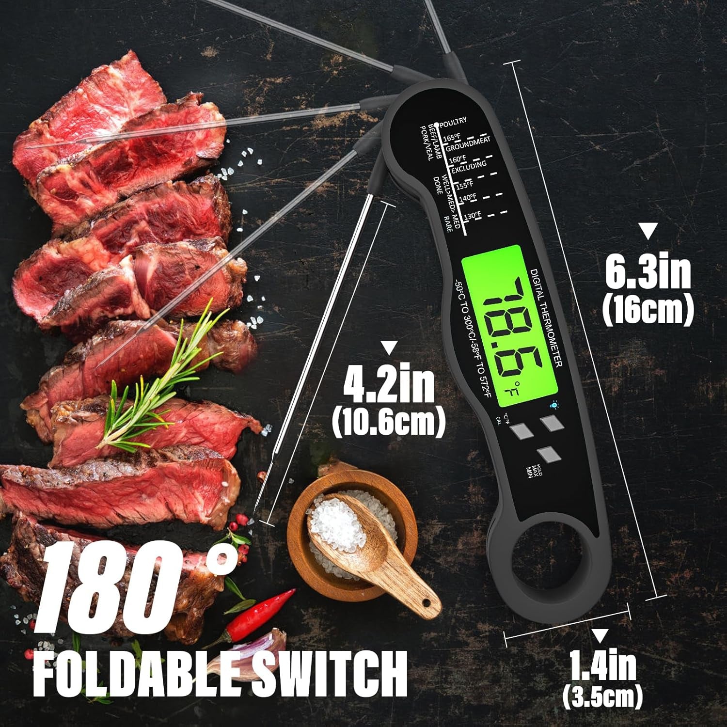 ® Instant Read Meat Thermometer Digital - Waterproof Food Thermometer with Backlight for Cooking, Grill, Candy, Kitchen & Stocking Stuffers for Men - Grey