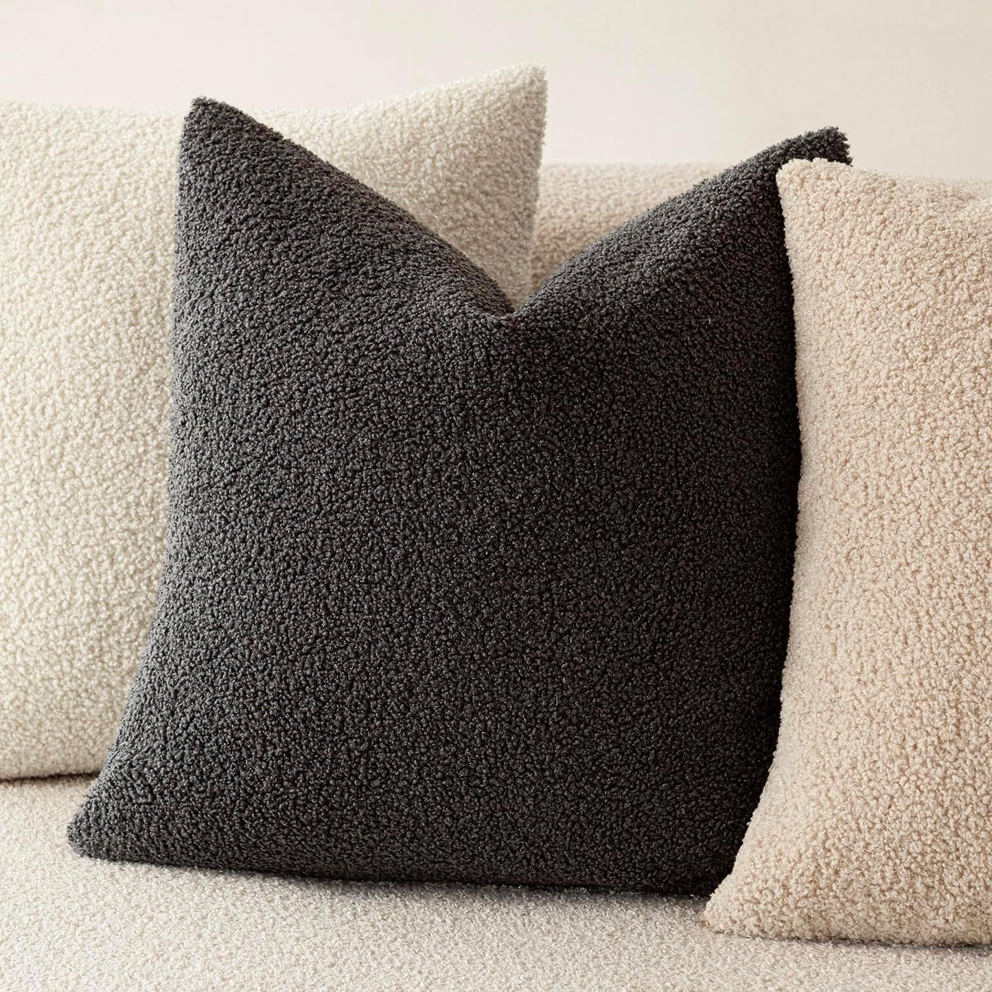 Pack of 2, Curly Faux Fur Decorative Throw Pillow Covers Soft Neutral Plush Cushion Case with Zipper Cozy Pillowcase for Home Living Room Couch Bed Sofa 16 X 16 Inch,Dark Gray
