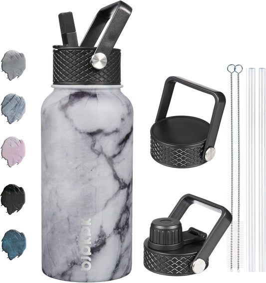 Insulated Water Bottles with Straw Lid, 27Oz Stainless Steel Water Bottle with 3 Lids, Leak Proof BPA Free Metal Thermo, Mugs, Tumblers, Keep Cold Hot - Carrara Marble