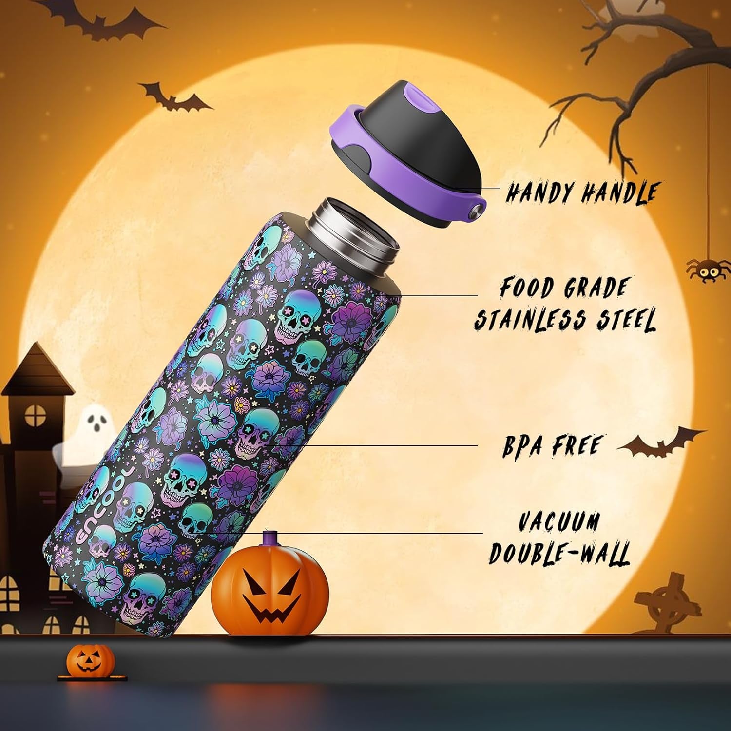 Halloween Insulated Water Bottle with Straw - Stainless Steel Water Bottle with Push Button Lid, Leak-Proof Bpa-Free, Keeps Cold for 24 Hours for Halloween Gifts, Party (32 Oz, Floral Afterlife)