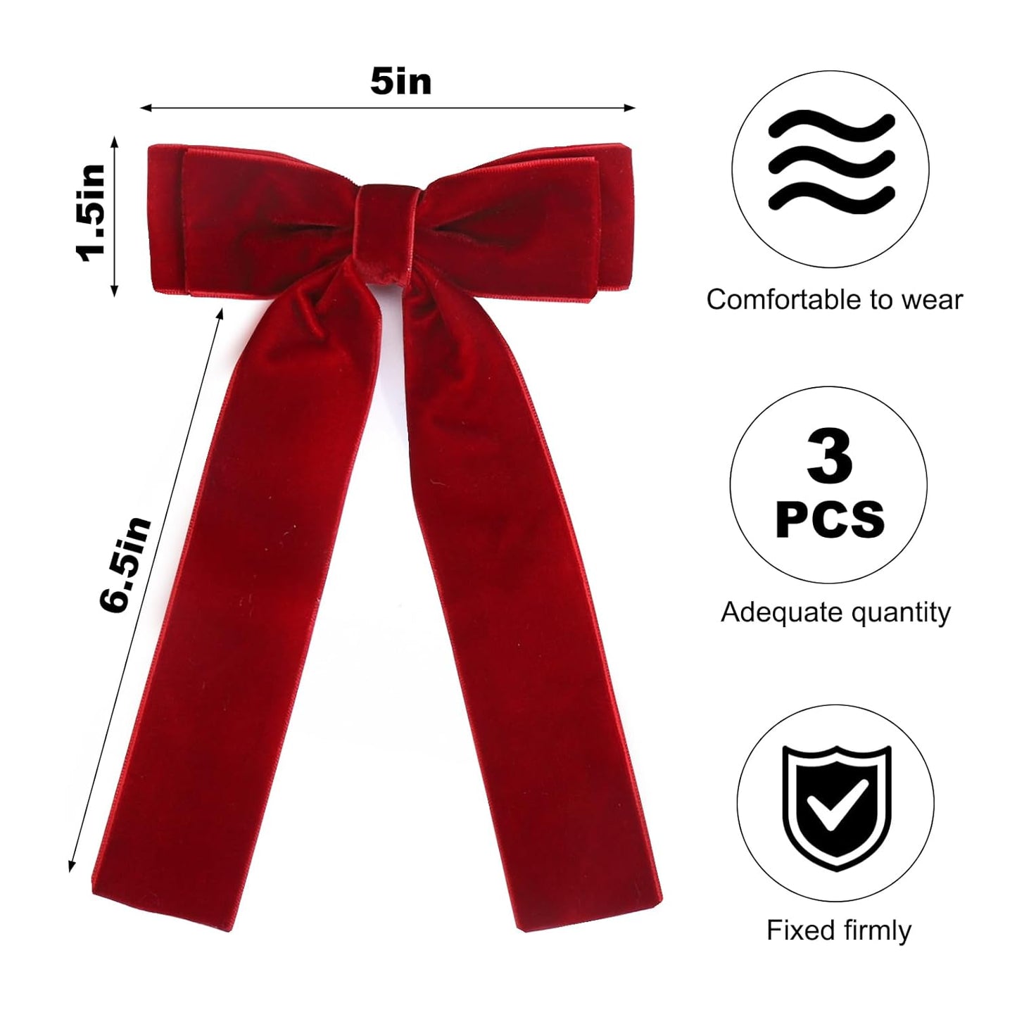 Velvet Hair Bows for Women Girls,3 PCS Black Red White Velvet Ribbon Bow Hair Clips with Long Tail,Hair Bows Barrettes for Thick Thin Hair,Nonslip Hair Accessories Christmas Birthday Gifts