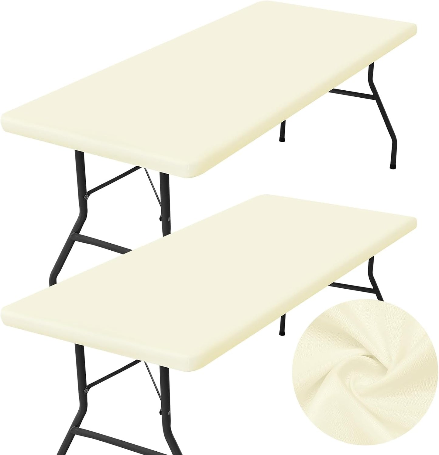 2 Pack Rectangle Table Cloth, Elastic Fitted Fabric Tablecloth Fits for 5 Foot Folding Tables, Washable Table Cover for Picnic, Camping, Indoor & Outdoor (Cream Yellow, 30" X 60")