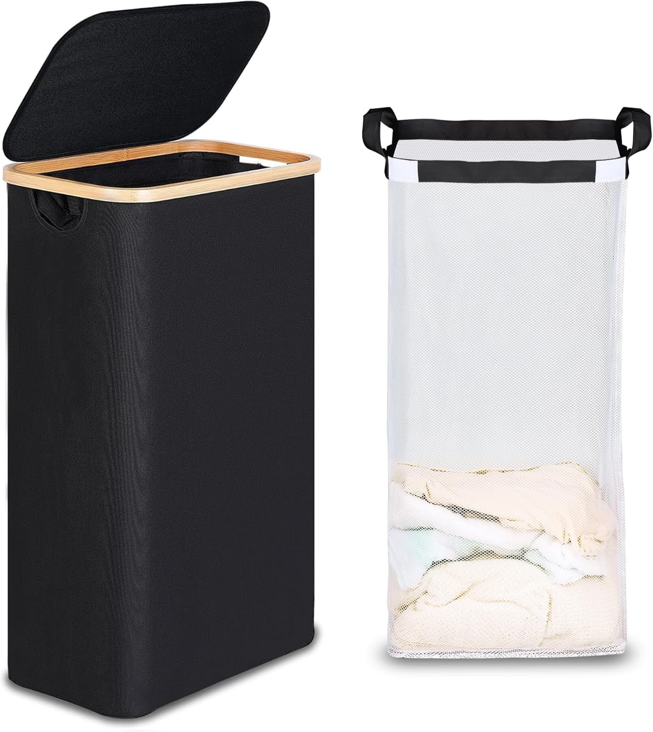 Slim Laundry Basket with Lid, Narrow Laundry Hamper with Removable Bag, Skinny Dirty Clothes Basket with Bamboo Handles for Bathroom, Bedroom & Laundry Room, 75L Black