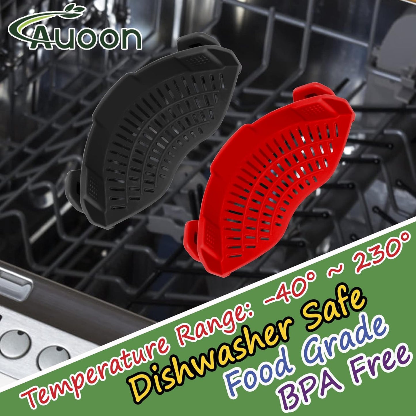 2PACK Clip on Strainer for All Pots Pans - Silicone Kitchen Colander Food Strainer for Pasta Meat Vegetable Fruits | Easy to Use and Store, Dishwasher Safe (Blackred)