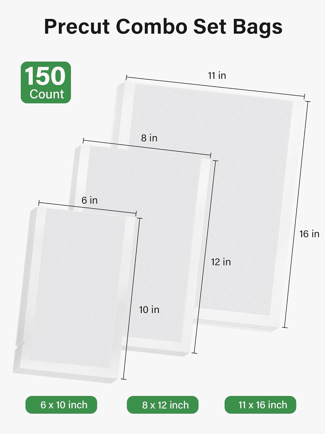 Vacuum Sealer Bags for Food, 150 Gallon 11" X 16", Quart 8" X 12" and Pint 6" X 10" Vacuum Seal Bags, Commercial Grade, BPA Free, Pre Cut Freezer Bags for Food Storage, Meal Prep or Sous Vide