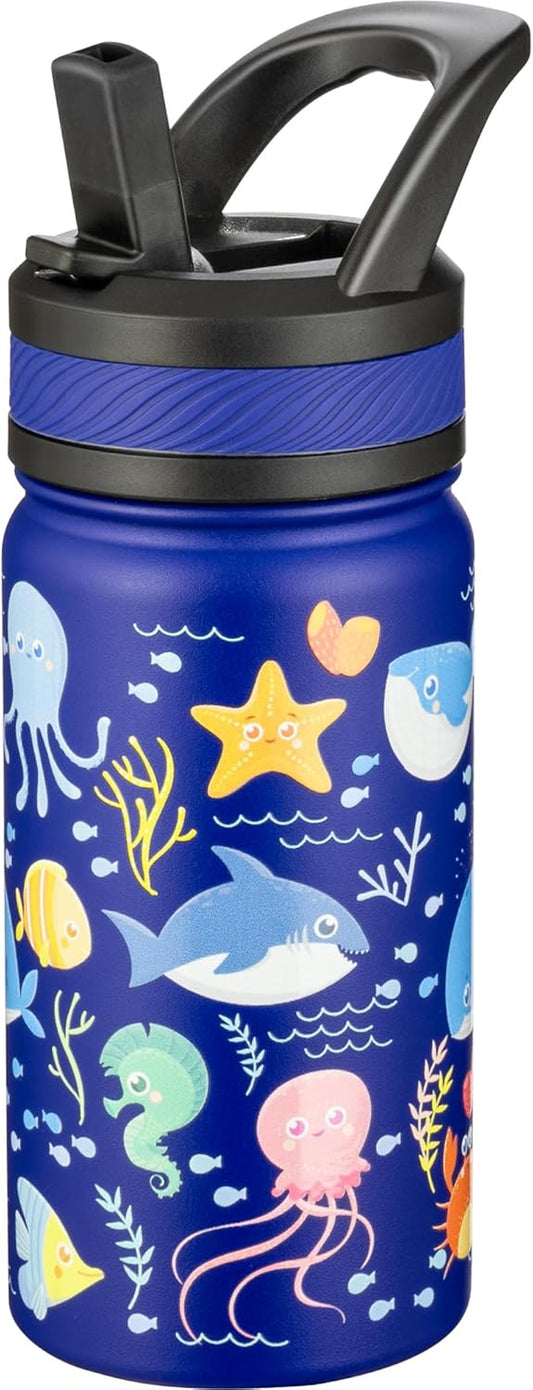 14 Oz Kids Insulated Water Bottle with Straw - Stainless Steel Double Wall Vacuum Cup, Leakproof, BPA Free, Suitable for Boys and Girls(Blue - Ocean)