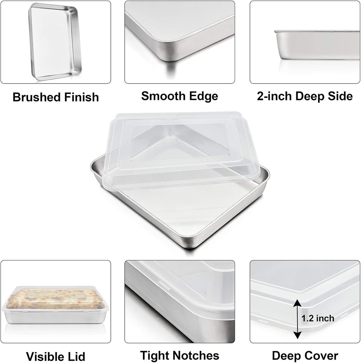 Stainless Steel Baking Pan with Lid, Rectangular Cake Pans, Sheet Pan Bakeware for Baking Lasagna Brownies, 2-Inch Deep Side & Heavy Duty, Easy to Store & Clean (12.3", 4Pcs)