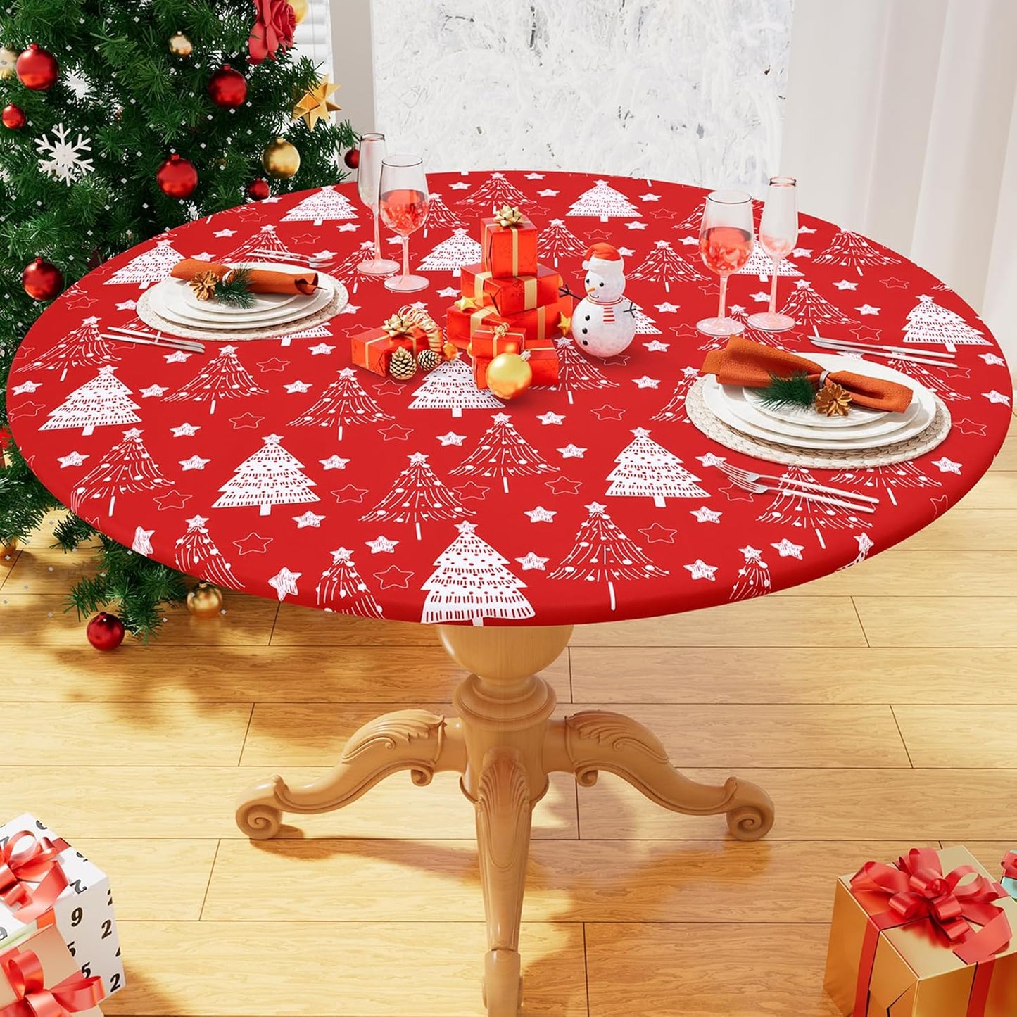 round Fabric Fitted Tablecloth, Elastic Waterproof Oil Proof Table Cloth, Washable Polyester Table Cover Fits 36"-44" round Tables for Outdoor Picnic Dinner, Christmas Tree