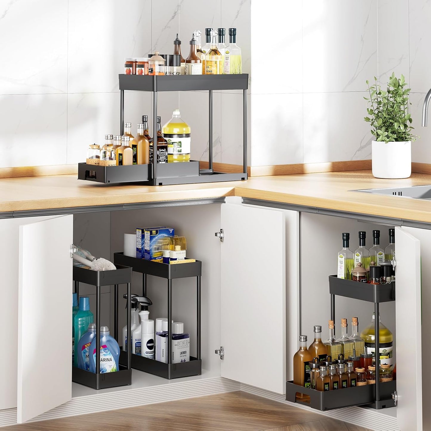 4 Pack under Sink Organizers and Storage, 2 Tier Black Bathroom Cabinet Organizer, Multi-Use Kitchen Bathroom Organizers and Storage