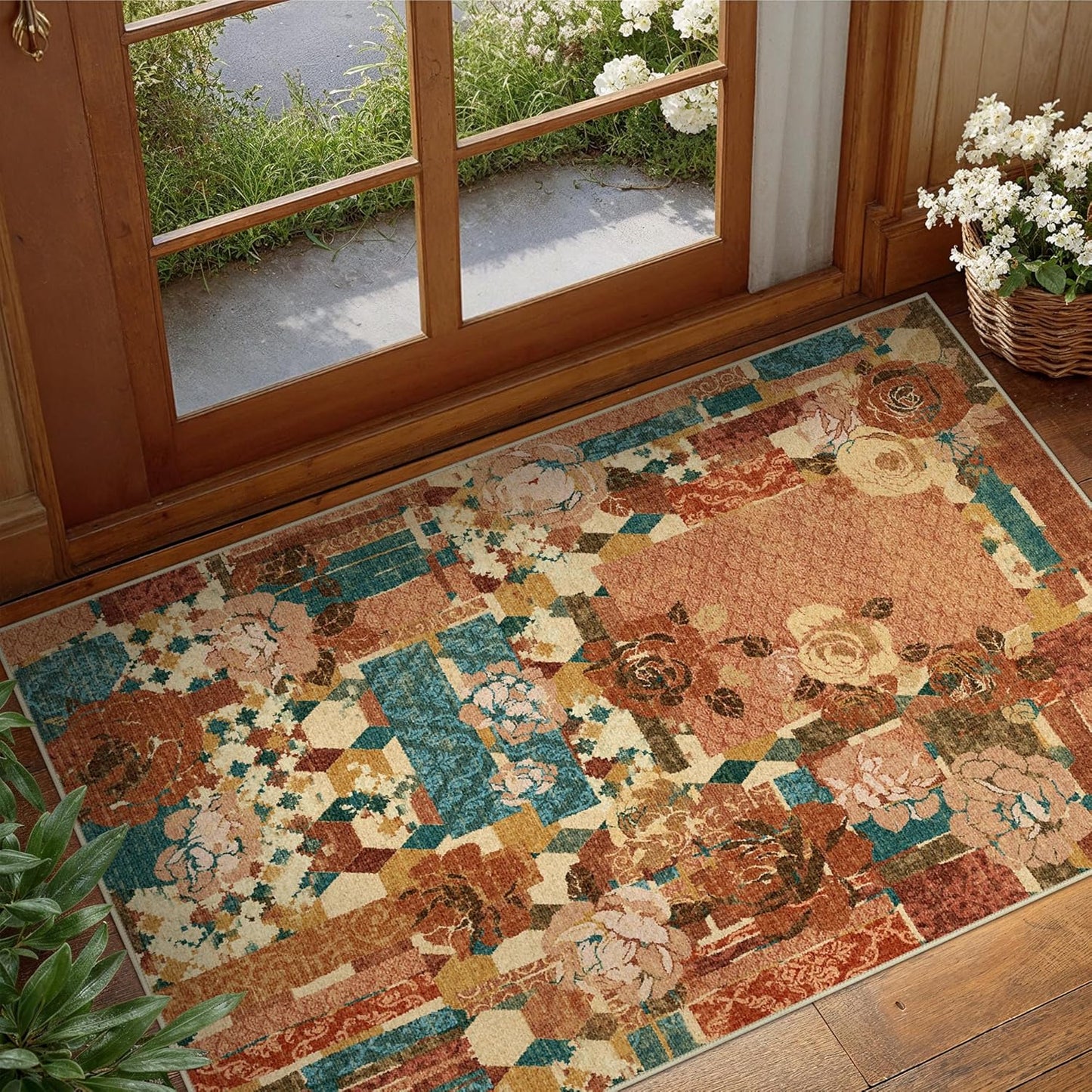 Area Rug 2X3 Doormat, Machine Washable Low Pile Rugs, Small Floral Patchwork Retro Chenille Entryway Mat for Entrance, Hallway, Kitchen and Corridor, Rose Red