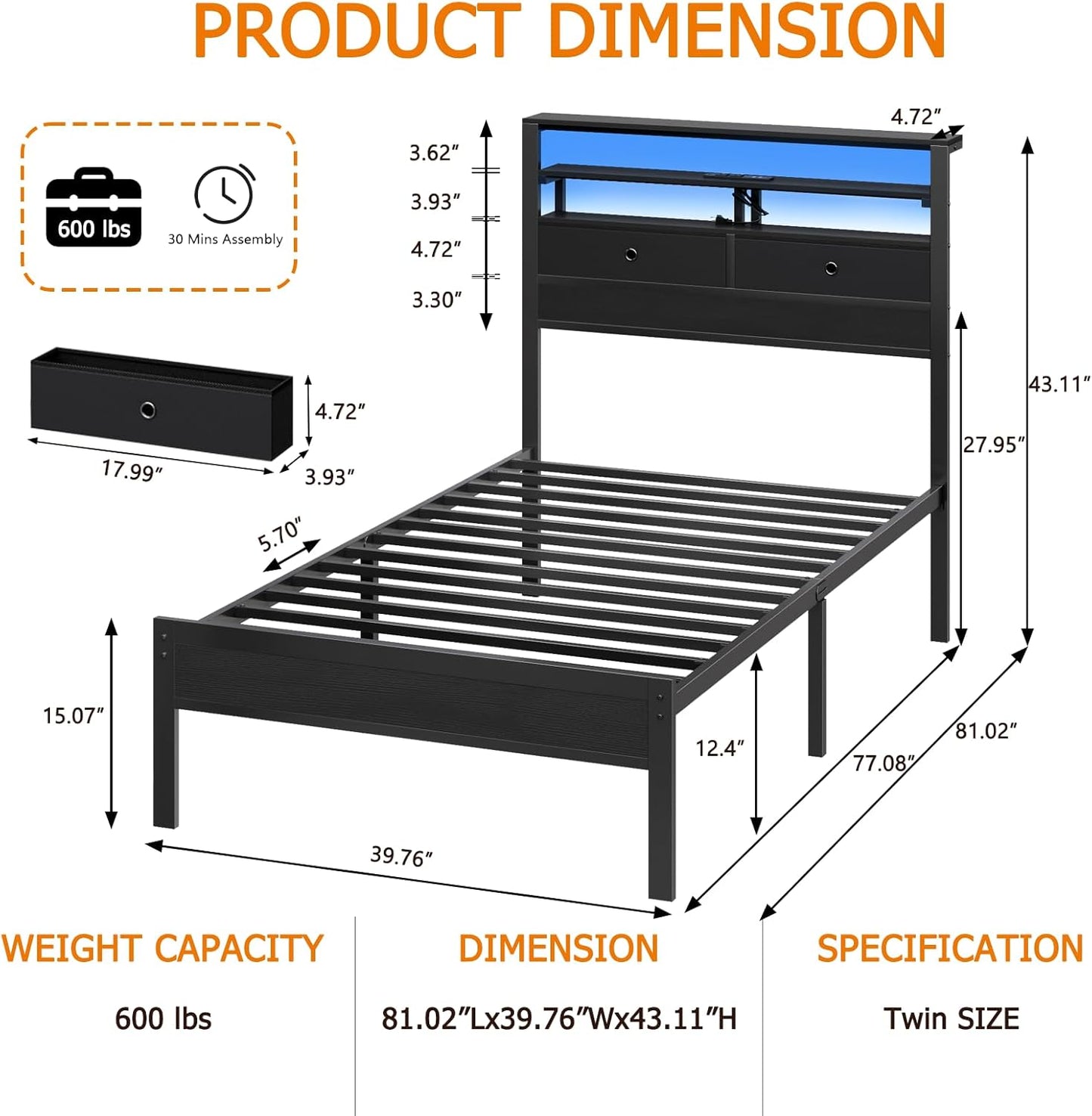 Twin Bed Frame with Integrated Charging Station and LED Lighting, Wooden Headboard Featuring Two Fabric Drawers and Storage Shelves, Twin Size Platform Design with Metal Slats, Box Spring Not Required, Black Oak Finish