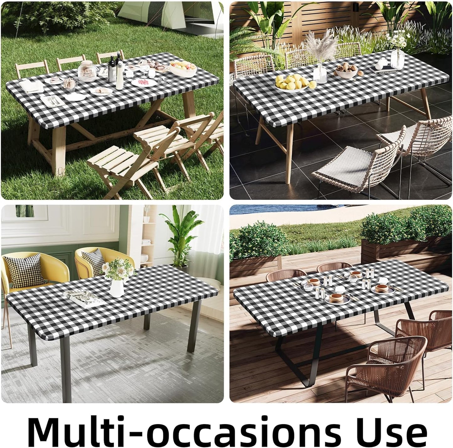 Rectangular Waterproof Fitted Vinyl Picnic Tablecloth, Flannel-Backed Buffalo Plaid Cover for Dining and Outdoor Use (Black and White, 30" x 72")