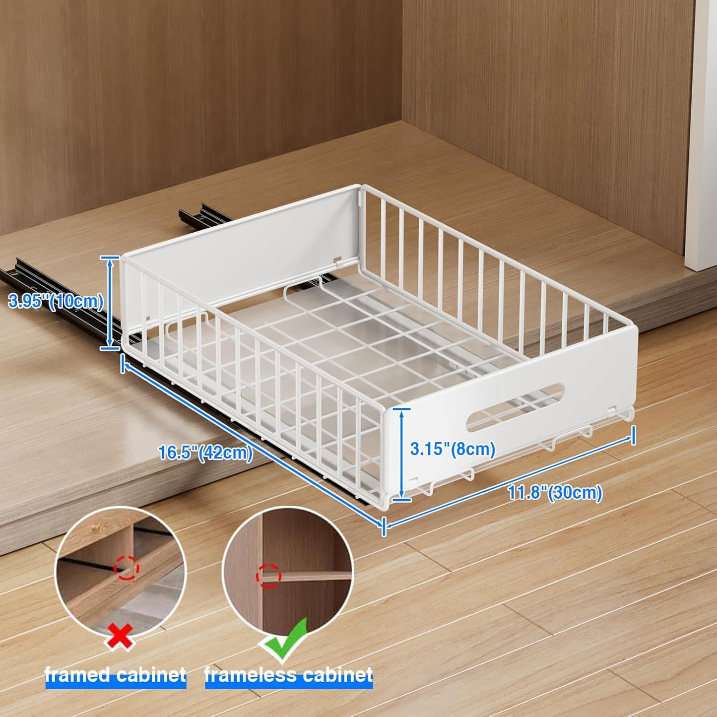 2 Pack Pull Out Cabinet Organizer, Slide Out Cabinet Drawers Peel and Stick Pull Out Drawers Heavy Duty Pull Out Shelf for Kitchen, Cupboard, Pantry, Bathroom (16.5" D*11.8" W*3.94" H-White)