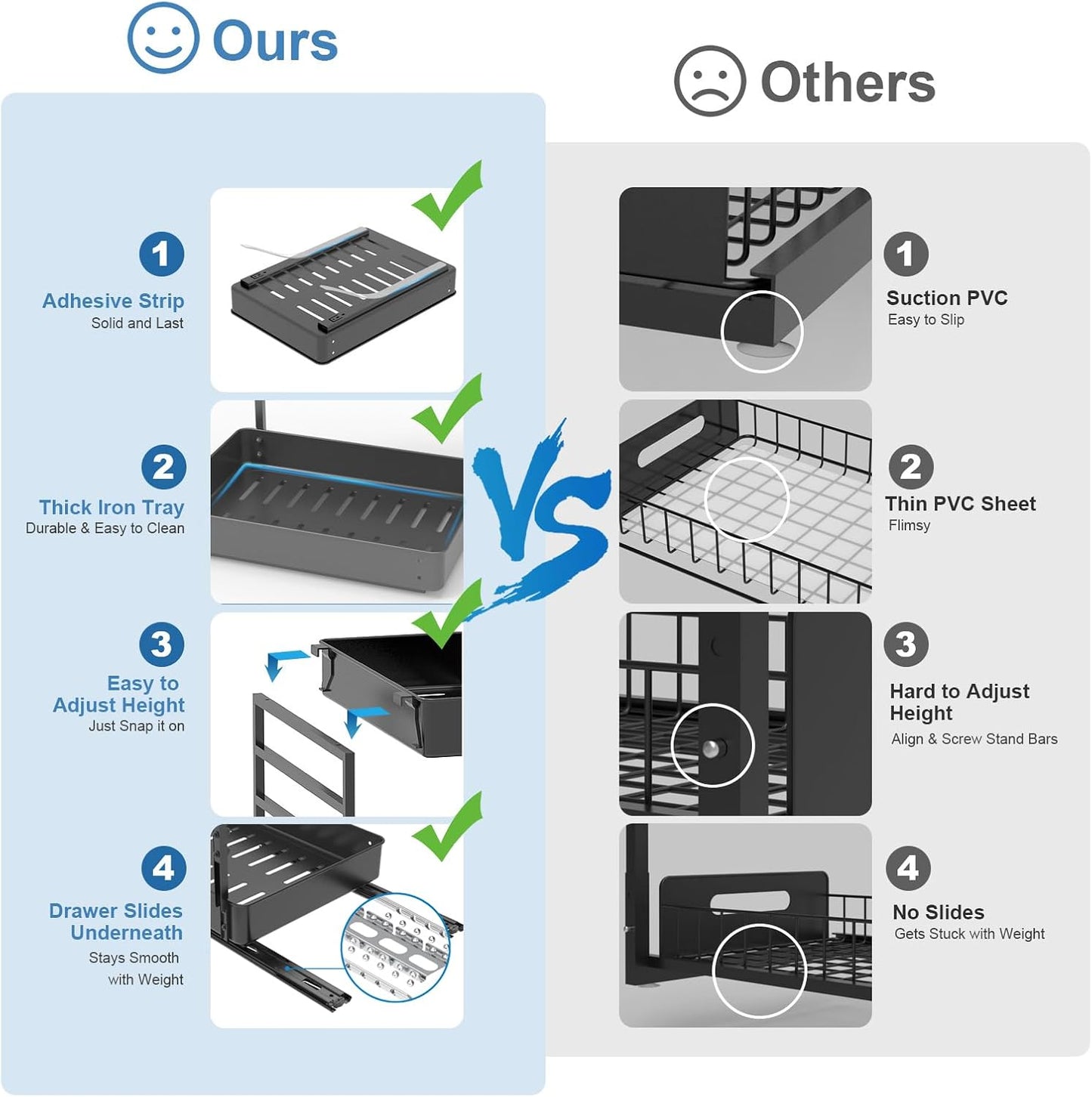 Height Adjustable 2 Tier Metal Pull Out Slide Shelf Organizer for under Sink Cabinets in Kitchen, Bathroom, with Snap-On Top Tray, 16" Deep (Black, 2 Sets)