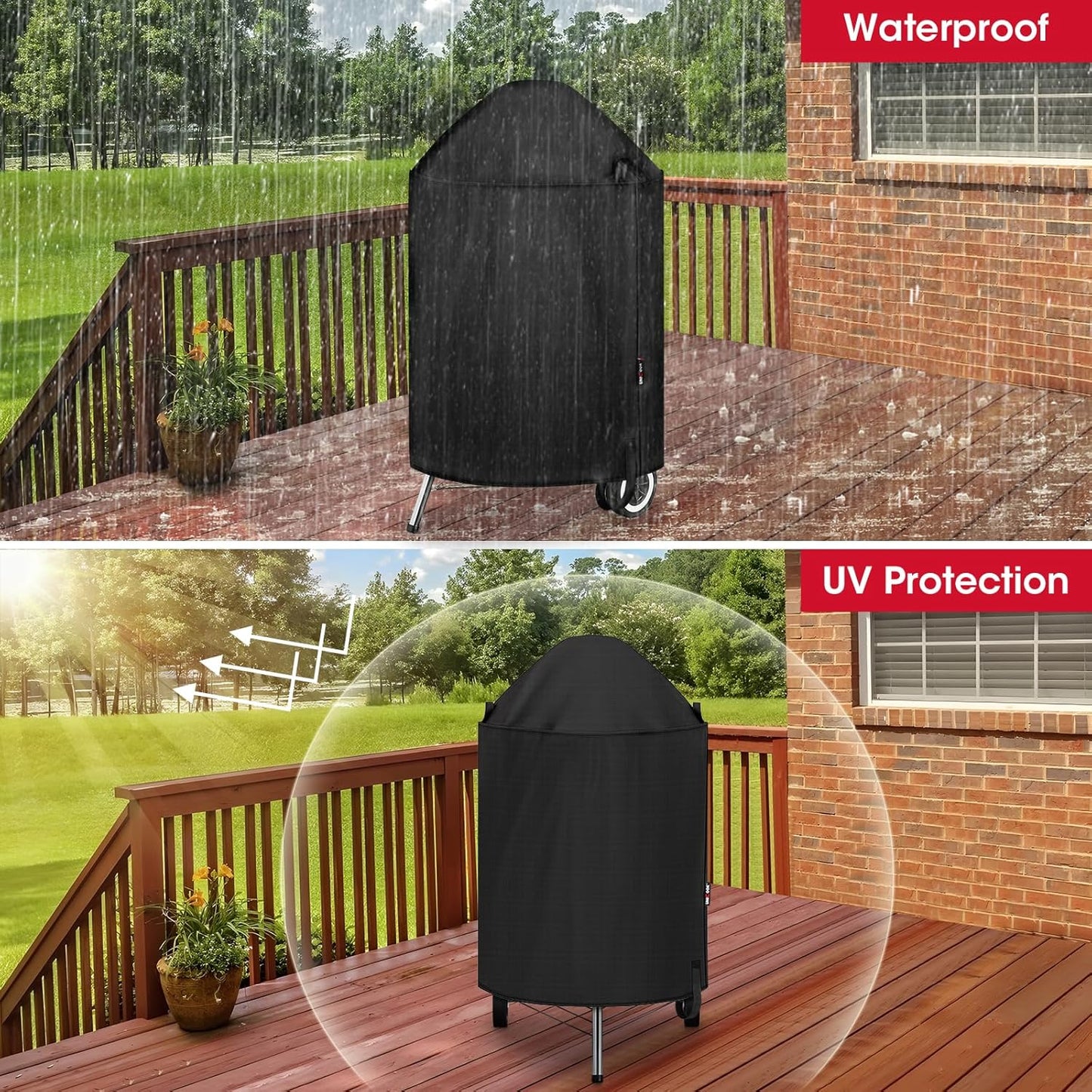 round Kettle Grill Cover Compatible with Weber 22 Inch Charcoal Grill, Waterproof Vinyl Exterior with Polyester Lining, Outdoor Charocoal BBQ Smoker Cover, Compared to Weber 7176
