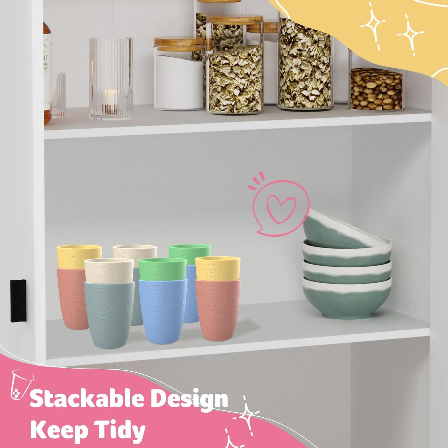 Wheat Straw Reusable Drinking Glasses - Set of 6 Eco-Friendly 12 OZ Tumblers, Unbreakable and Dishwasher/Microwave Safe (Macaron Series)