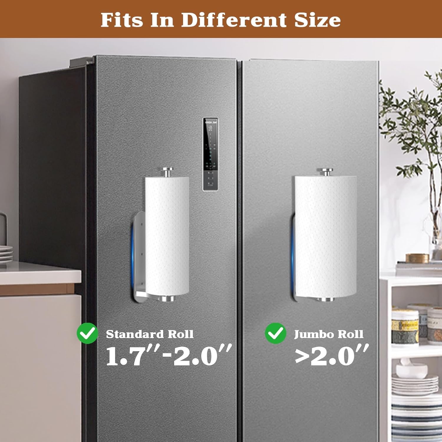 Magnetic Paper Towel Holder for Fridge - No Drill, One Hand Tear with Ratchet Mechanism, Silver, Self-Adhesive & Wall Mount for Kitchen, RV, Garage