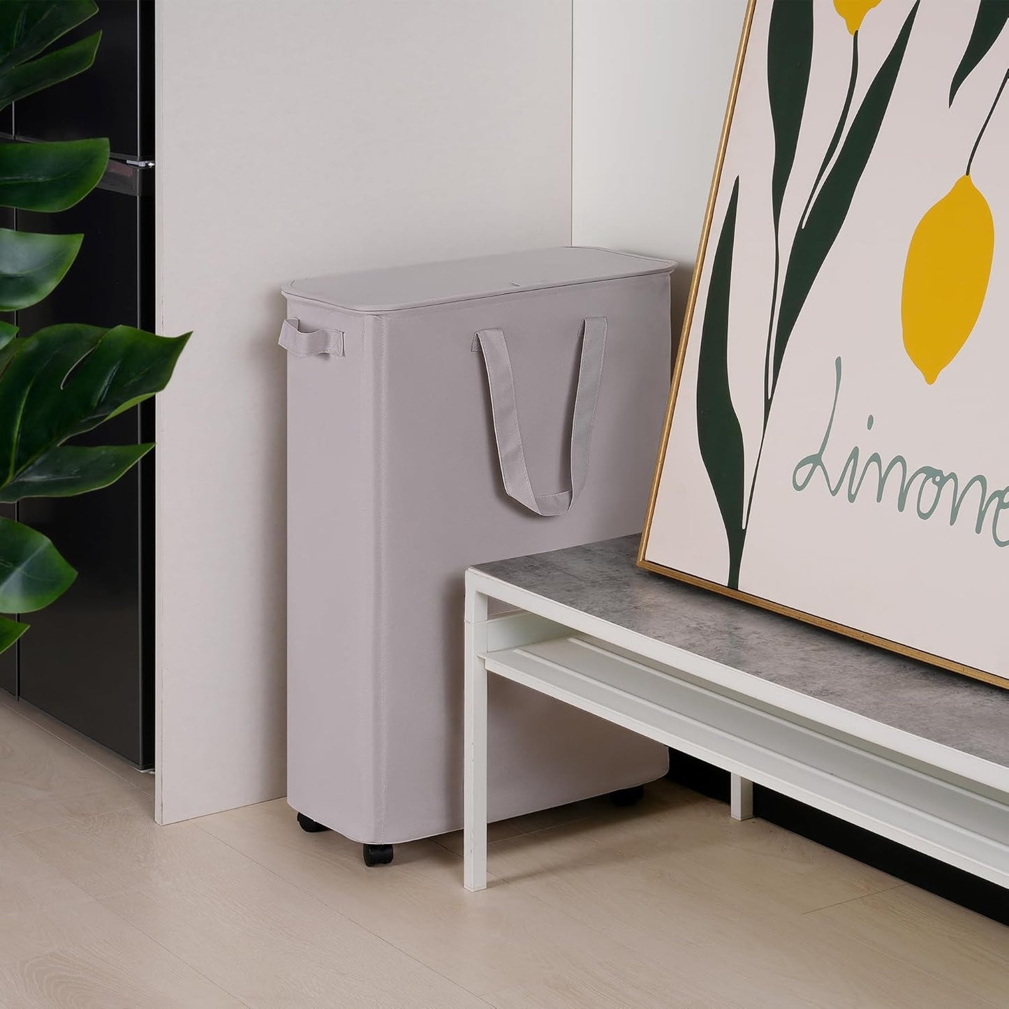 Slim Laundry Hamper with Lid and Wheels, Small Rolling Laundry Basket with Handle for Small Spaces, Tall Dirty Clothes Hampers for Dorm, Bathroom and Bedroom, 75L, Grey
