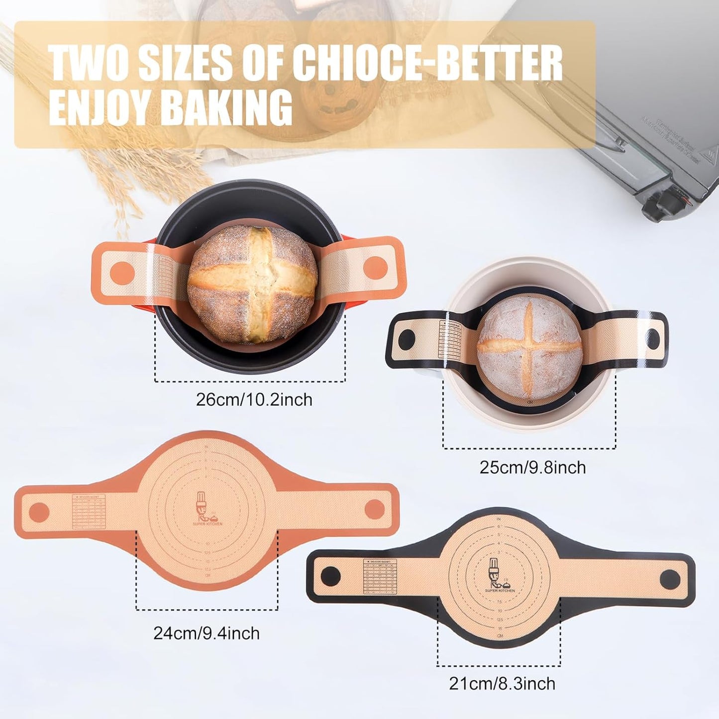 2 Sizes 9.4 & 8.3 Inch Silicone Bread Sling for Dutch Oven 3 Pcs,Wider Non-Stick Silicone Bread Baking Mat for Sourdough,Dough Lifter Liner with Handles (Black,Dark Gray,Brown)
