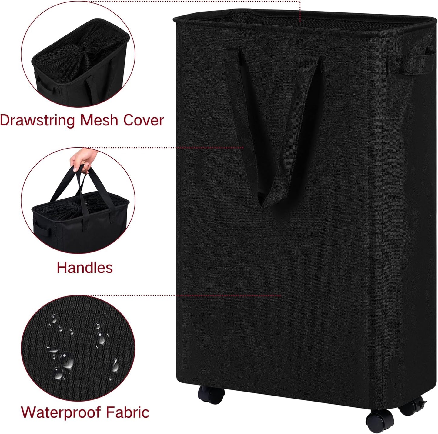 Slim Laundry Hamper with Wheels, Rolling Laundry Basket for Clothes, Small Laundry Basket for Bedroom, Dorm and Laundry Room, 60L (12.7 Gallons) Black