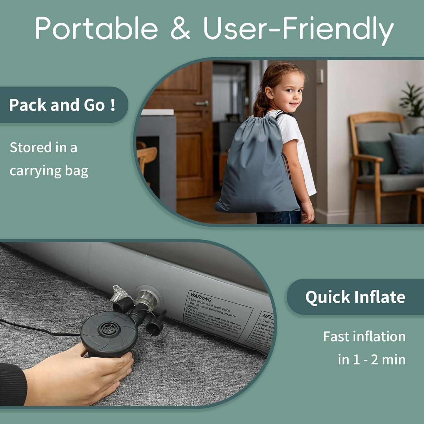 Portable Inflatable Toddler Travel Bed with Soft Sheet and Safety Bumpers, Ideal for Home and Travel Use, Includes Pump and Carry Bag