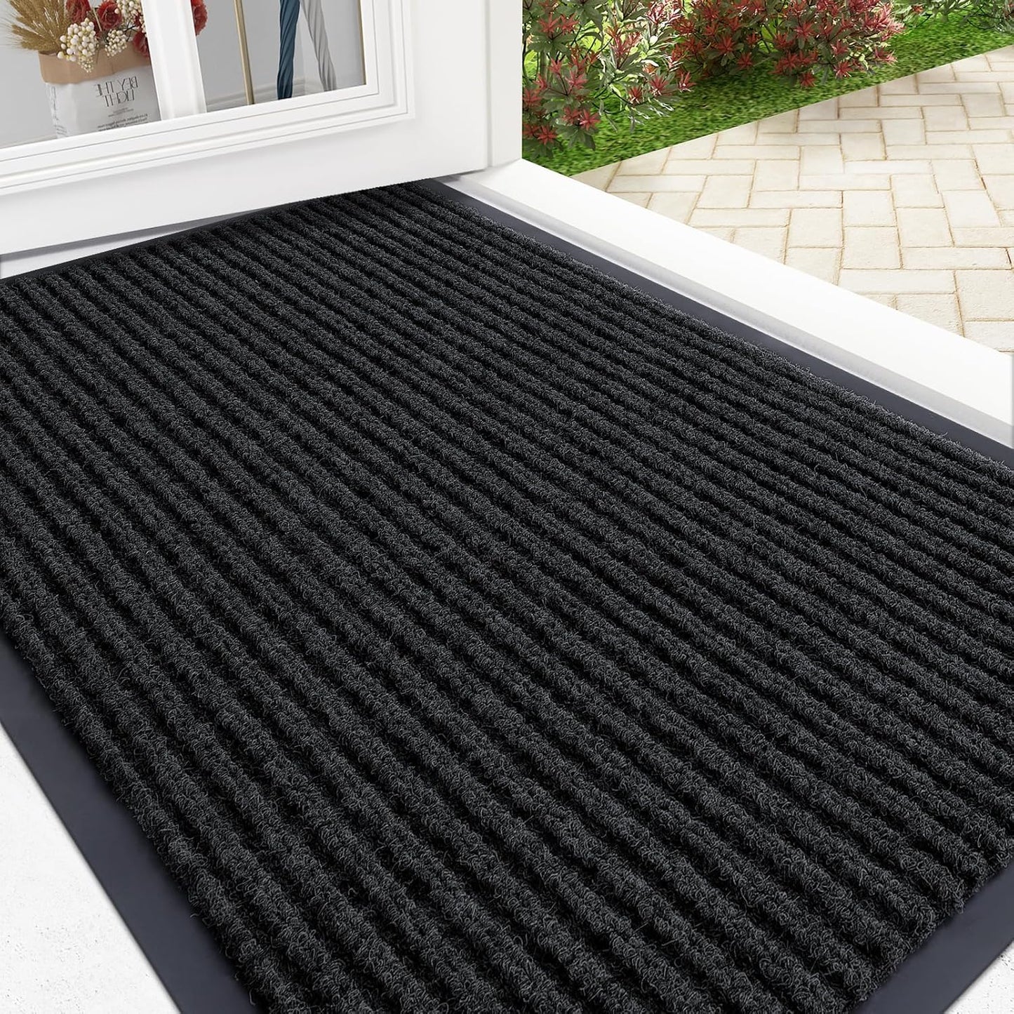 Front Door Mat Indoor Outdoor Entrance, and Waterproof All-Weather All-Season Doormat Size 29.5X17 in Black, 2 Item Bundle