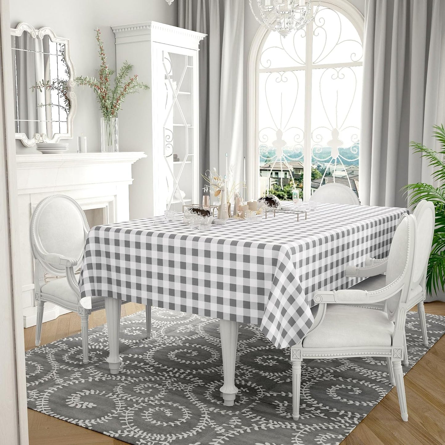 Rectangle Waterproof Vinyl Table Cloth, Buffalo Flannel Backed Tablecloth, Wipeable Plastic Table Cover for Dinner, Kitchen, Outdoor (60" X 84", Grey and White)