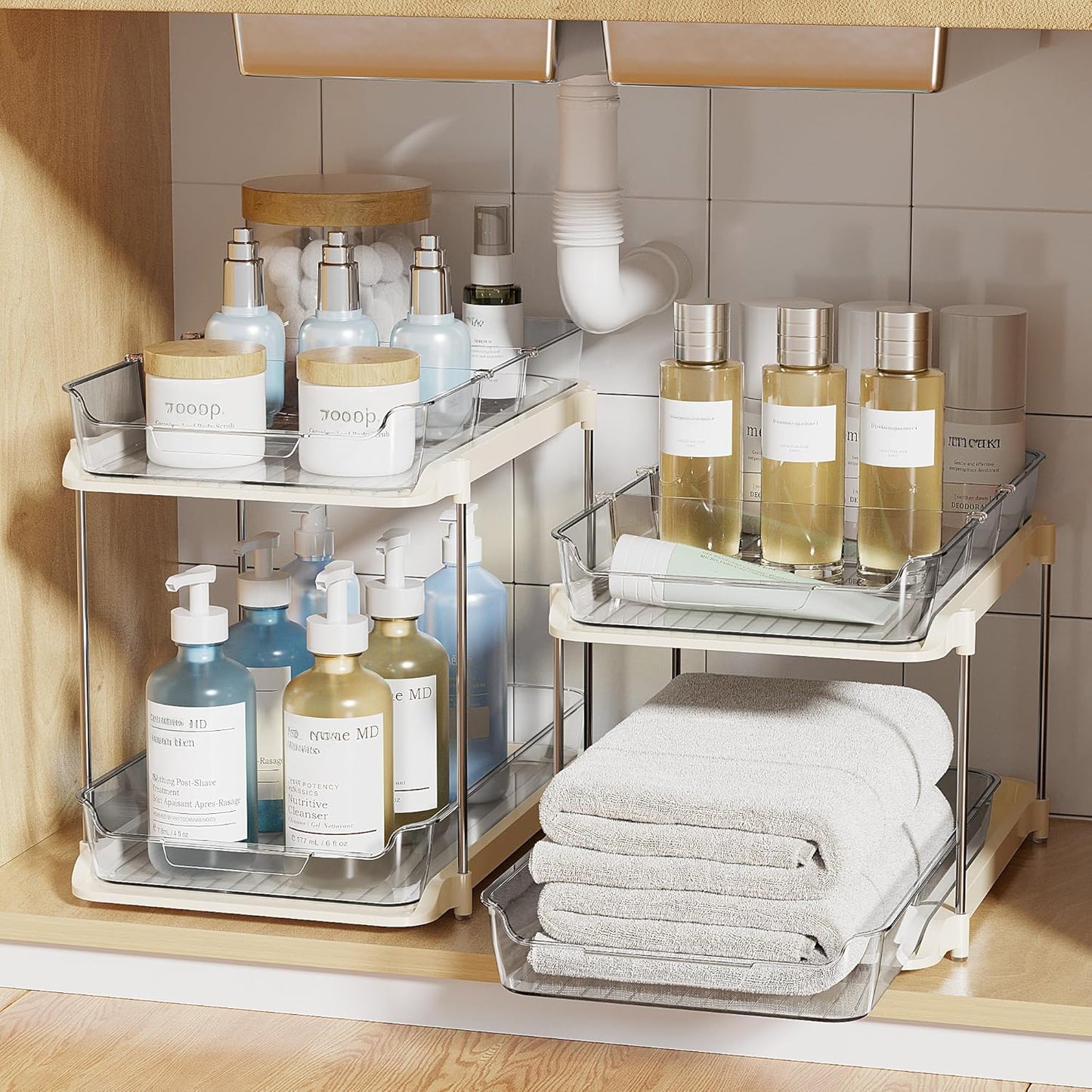 2 Sets of 2-Tier Multi-Purpose Bathroom Cabinet under Sink Organizers and Storage, Stackable Kitchen Pantry Organization and Storage, Beige