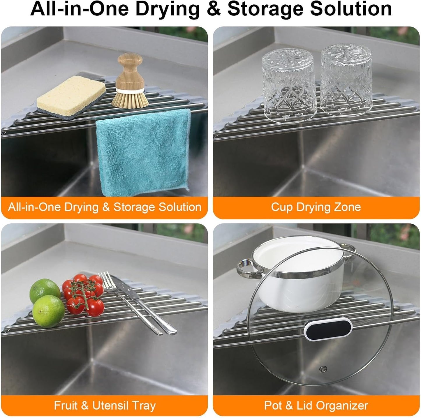 Corner Sink Caddy Triangle Dish Drying Rack for Sink Corner, Sponge Holder Roll up Dish Drying Rack over the Sink, Stainless Steel Kitchen Sink Organizer Drainer Mat Sponge Caddy for Counter Storage