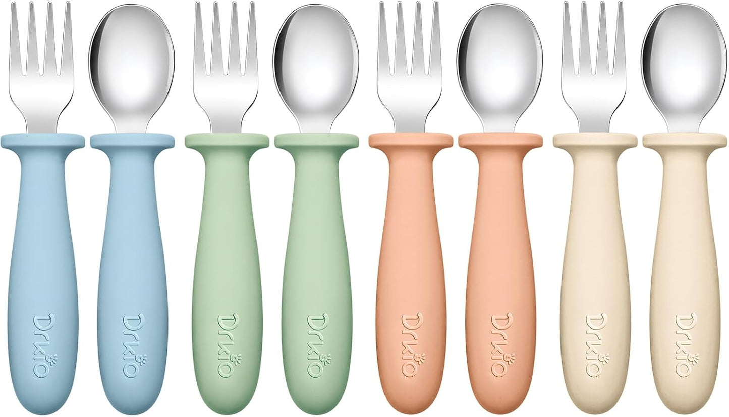 Toddler Utensils Set - 8-Piece Kids Silverware Set with Silicone Handles, Safe 18/8 Stainless Steel Forks and Spoons, Anti-Choke Design, Food Grade, Dishwasher Safe