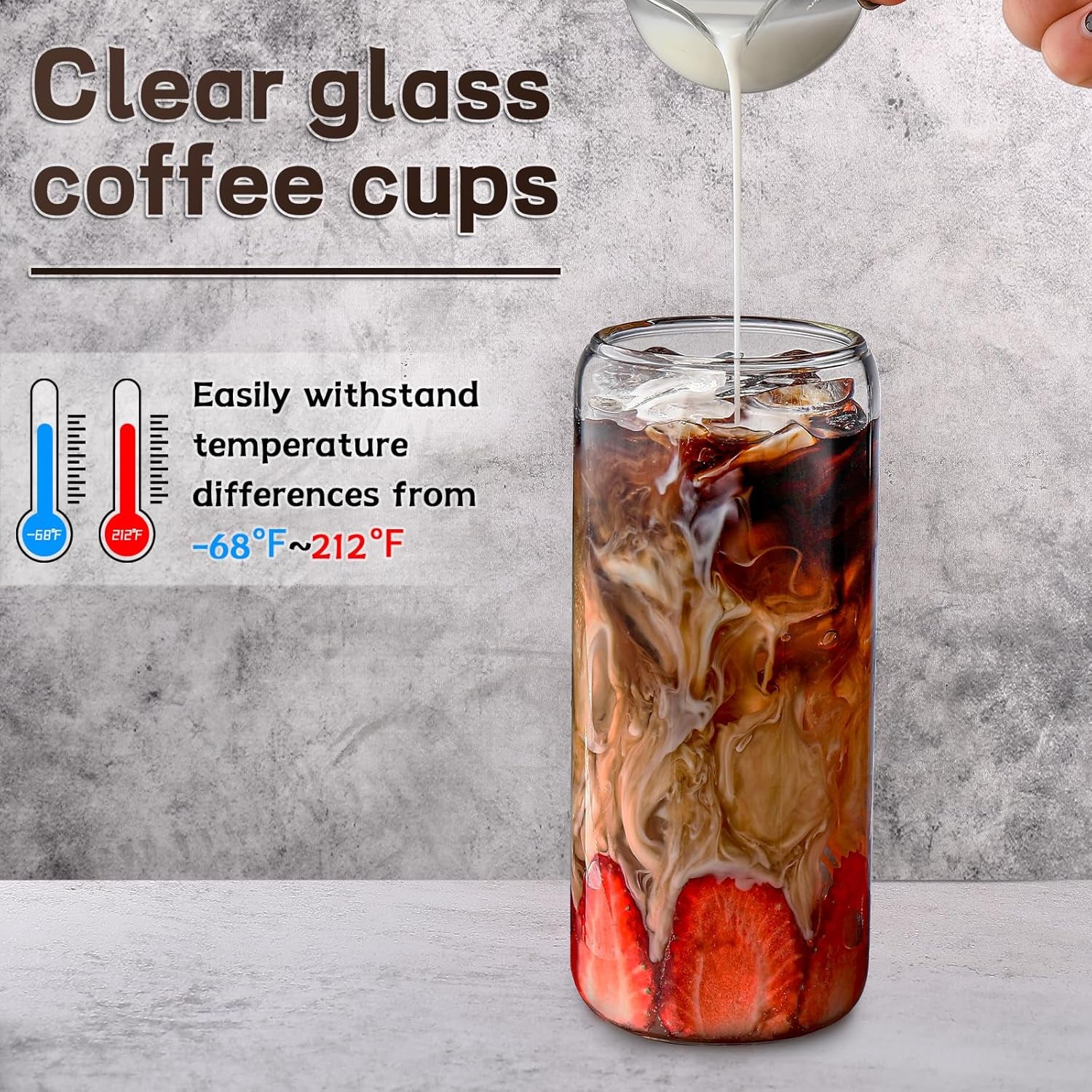 Glass Cups “20Oz”,Glass Cups with Lids and Straws 4 Pcs-Coffee Cups,Drinking Glasses Set,Glass Tumbler with Straw and Lid Gift 2 Cleaning Brushes