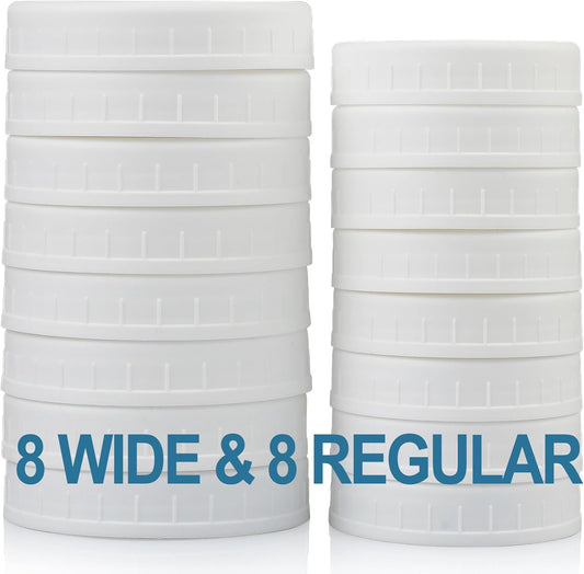 16-Pack Plastic Mason Jar Lids - 8 Regular Mouth and 8 Wide Mouth Jar Lids - Plastic Storage Caps for Ball, Kerr Canning Mason Jars - 100% Sealing & Dishwasher Safe & Food Grade