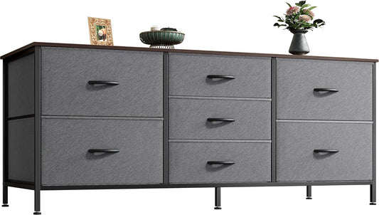 7-Drawer Fabric Dresser and TV Stand, 47-Inch Wide Chest for 43-55 Inch TVs, Metal Frame, Dark Grey, Ideal for Bedroom and Clothing Storage