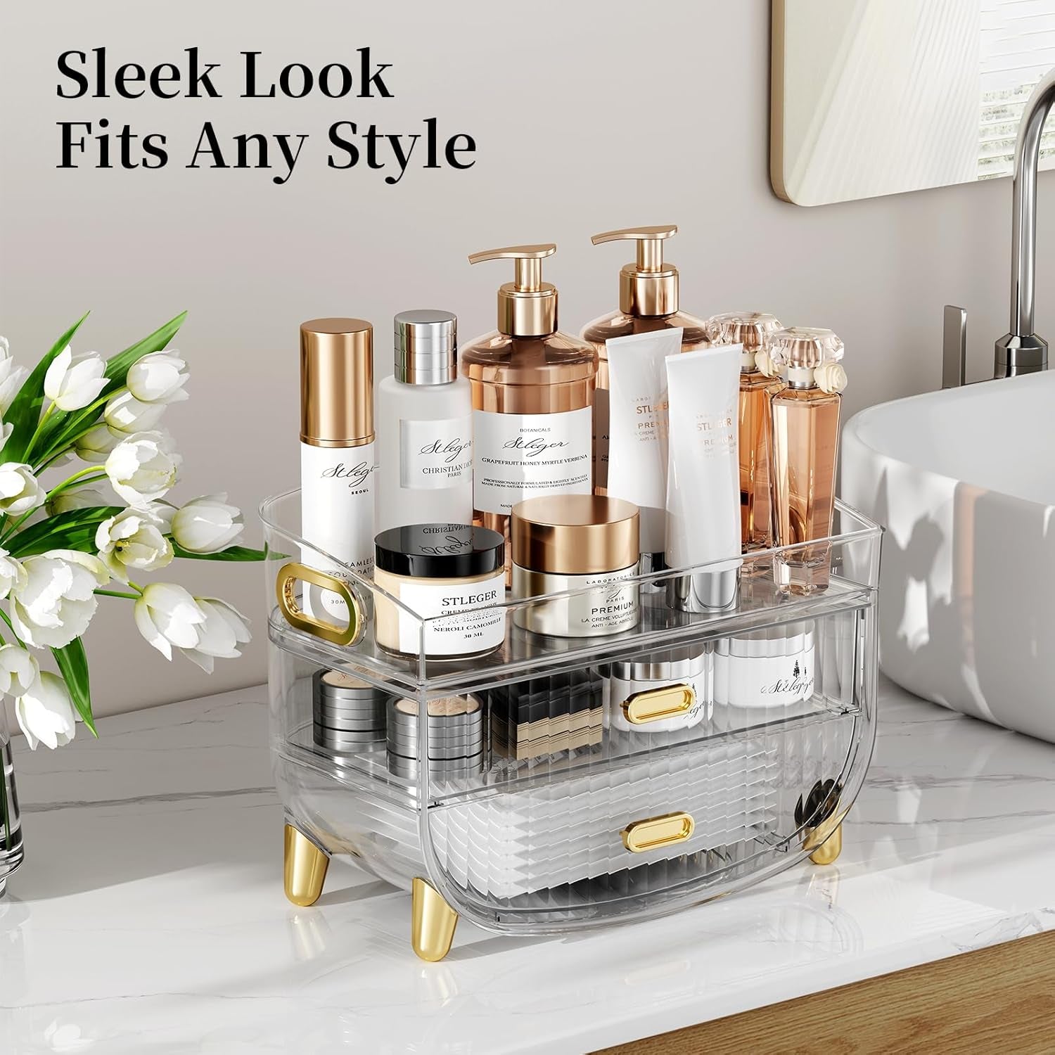Makeup Organizer with Drawers, Bathroom Counter Organizers and Storage, Transparent Design Keeps Items Visible and Dust-Free, Simple and Stylish for Bath Linen Sets, Vanity, Skincare, Clear