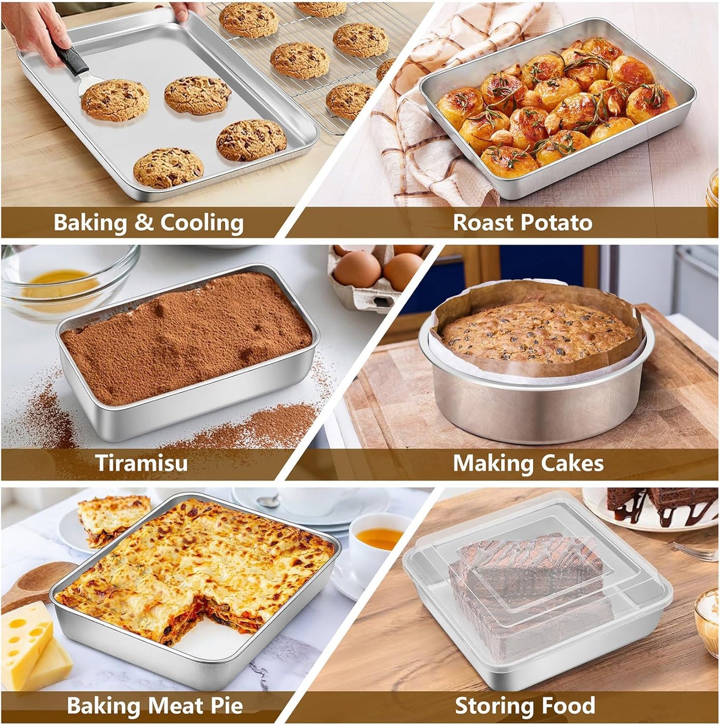 Stainless Steel Bakeware Set, 12-Piece Kitchen Baking Pans Set, Baking Sheet with Rack, Square Cake Pan with Lid, Lasagna Pan, Loaf Pan, Muffin Pan, Pizza Tray & 2 Covers, Easily Clean