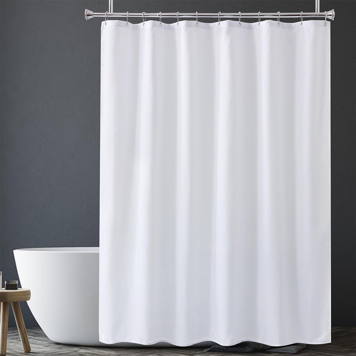 White Shower Liner Cloth Waterproof, 120G Heavy Duty with Weighted Stones and bath 12PCS Black Shower Curtain Hooks Elliptical Heavy Duty Design
