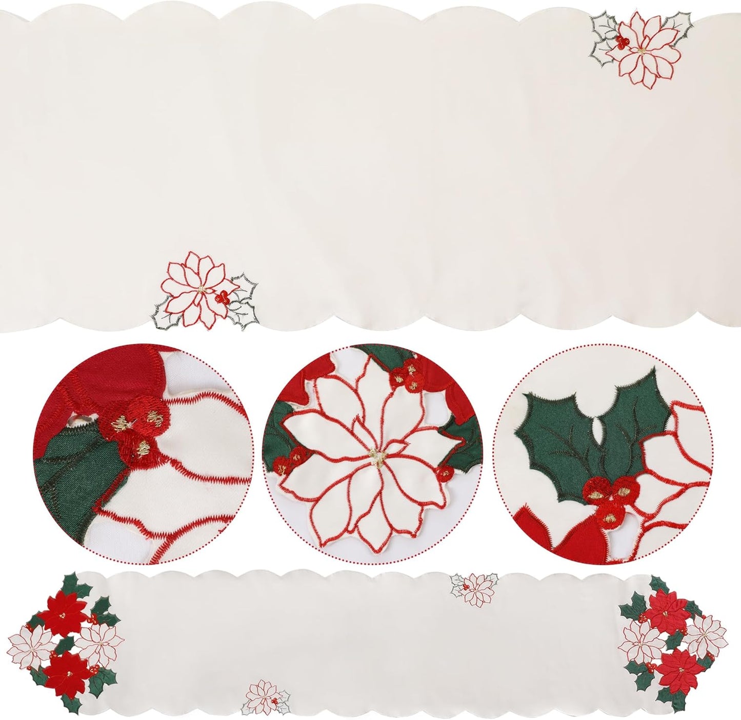 Christmas White Table Runner 13X70 Inches Long, Embroidered Red Poinsettia Flower Christmas Runner for Table, Xmas Dresser Scarves Holiday Parties Kitchen Farmhouse Dinner Decor