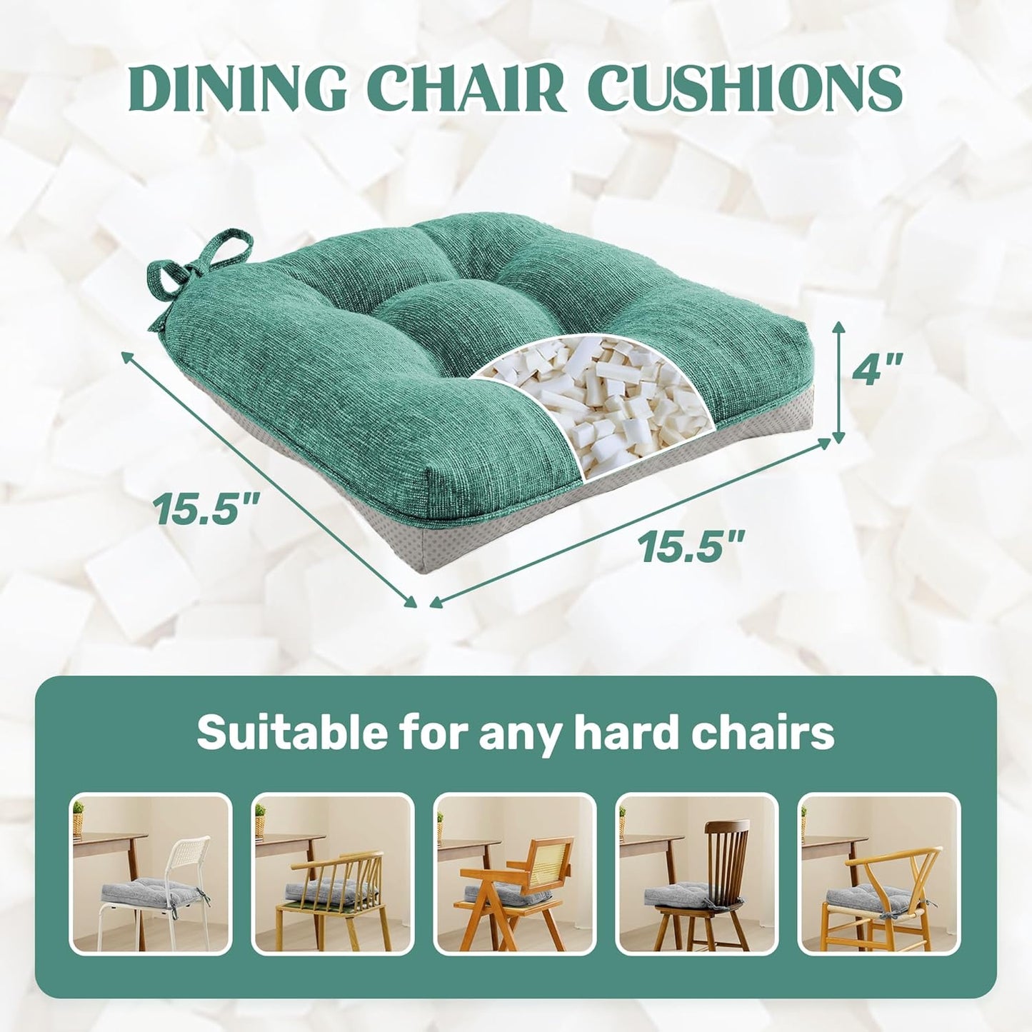 ® Chair Cushions for Dining Chairs, Tufted Memory Foam Chair Pads with Non-Slip Backing, Kitchen Seat Cushions with Ties, Washable Seat Pad Set of 4, 15.5" X 15.5" X 4", Green