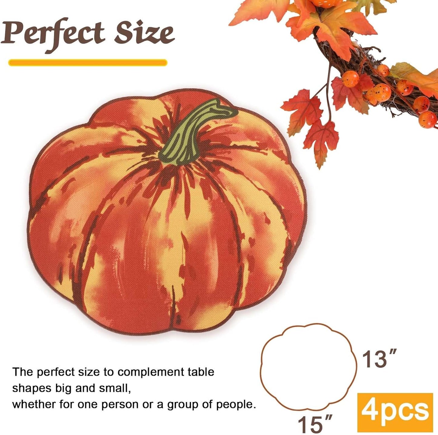 Red Pumpkin Placemats Set of 4, Fall Pumpkin Printed Dining Table Mats for Kitchen, Stain-Resistant, Protecting the Dining Table Washable Place Mats for Halloween, Thanksgiving, 13"X15"