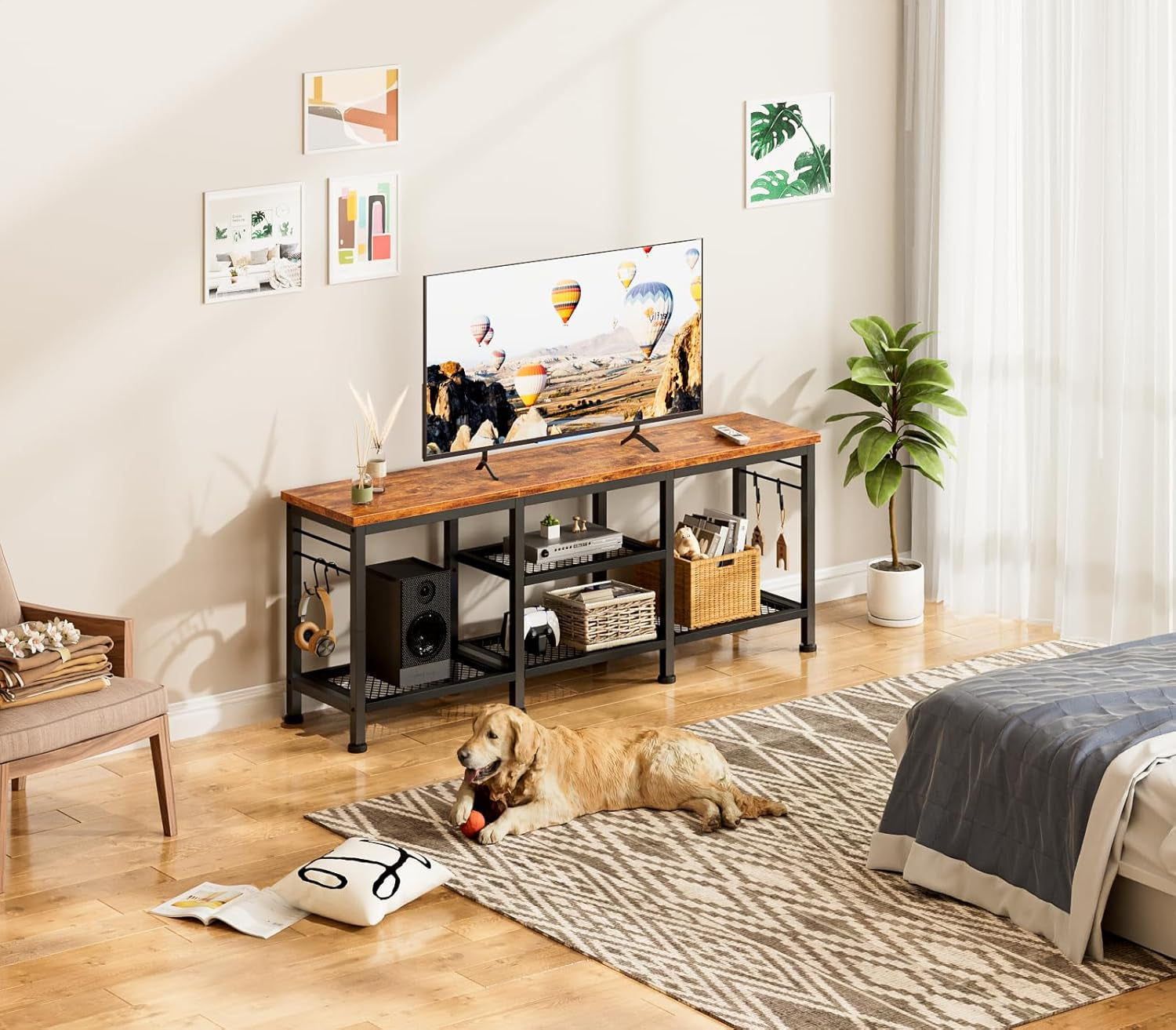 TV Stand for Tvs up to 55 Inch, Entertainment Center with Open Storage Shelves, Media Console Table with Soundbar Shelf for Living Room, Bedroom, Rustic Brown