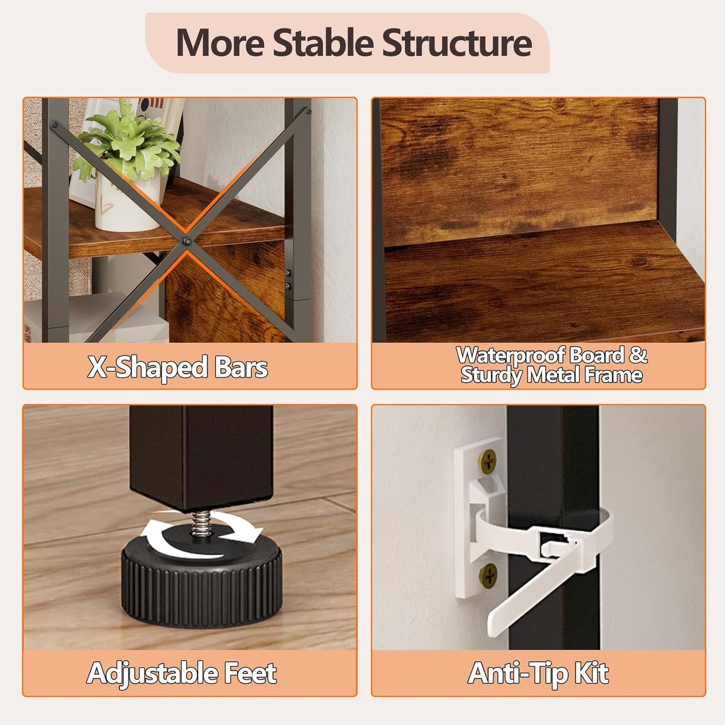 5 Tier Tall Bookshelf with Back, Display Narrow Bookcase, Industrial Storage Corner Shelves Organizer for Bedroom, Living Room, Entryway, Kitchen, Rusitc Brown