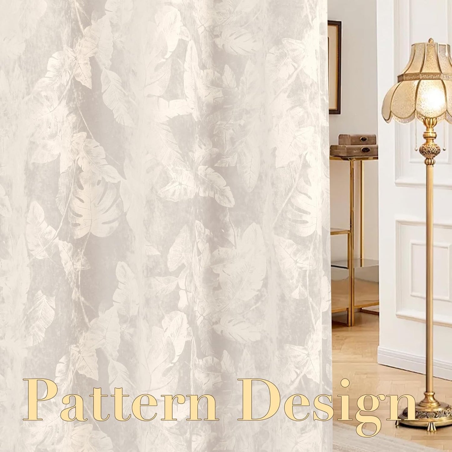 Velvet Curtains 63 Inches 2 Panels Luxury Room Darkening Curtains for Bedroom Floral Leaf Pattern Curtain Thermal Insulated Grommet Window Drapes, W52 X L63 Inches, Ivory