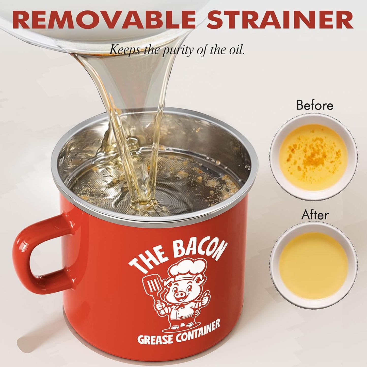 Mini Bacon Grease Saver with Strainer - 15OZ Enamel Grease Container, Farmhouse Bacon Grease Keeper for Kitchen Fat Storage, Dishwasher Safe-Red