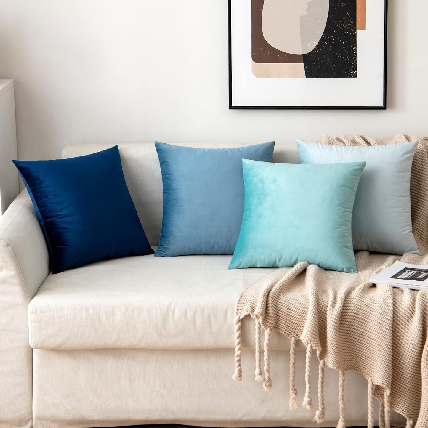 Pack of 4 Velvet Throw Pillow Covers Soft Solid Decorative Square Spring Cushion Case for Sofa Bedroom Living Room 18 X 18 Inch Blue