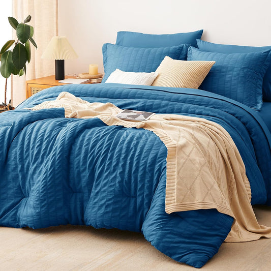 Full Seersucker Comforter Set with Teal Bed in a Bag 7-Pieces All Season Bedding Sets with Comforter, Pillow Sham, Flat Sheet, Fitted Sheet, Pillowcase