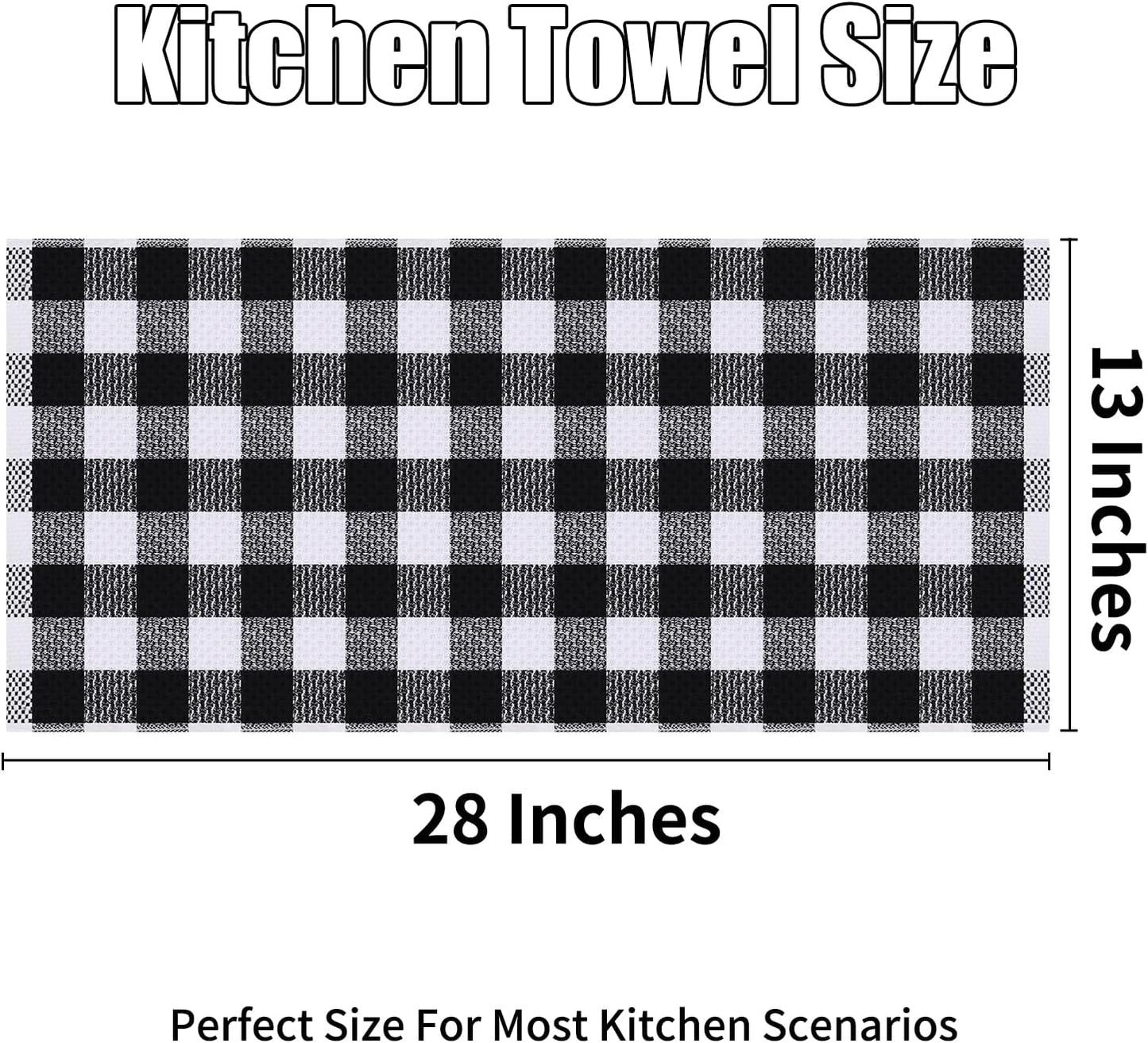 Buffalo Plaid Kitchen Towels Set, 4 Pack 100% Cotton Waffle Weave Dish Towels for Kitchen, Super Soft Absorbent Kitchen Hand Dish Cloths for Drying and Cleaning(13" X 28", Black & White)
