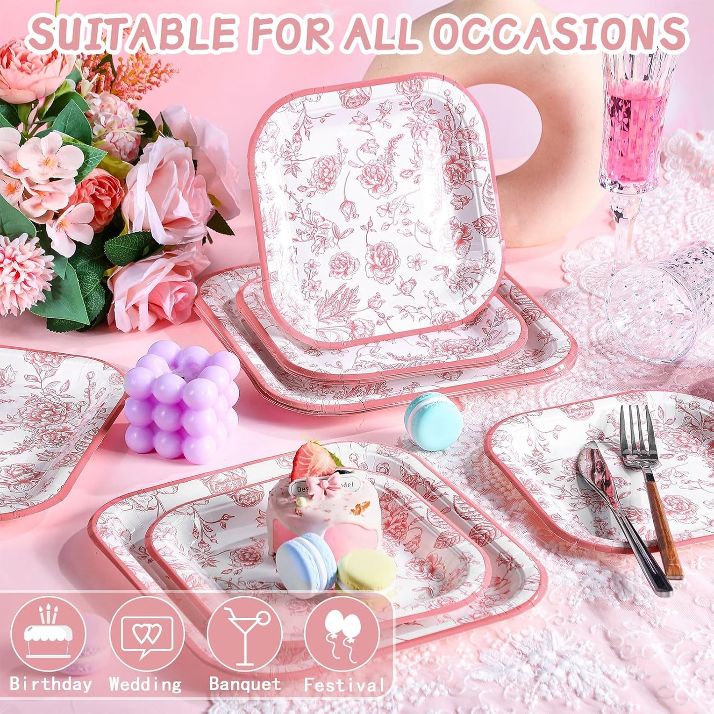 100-Piece Floral Disposable Paper Plate Set - 9-Inch Dinner Plates and 7-Inch Square Dessert Plates for Birthday, Wedding, and Baby Shower Celebrations (Pink, Floral Design)