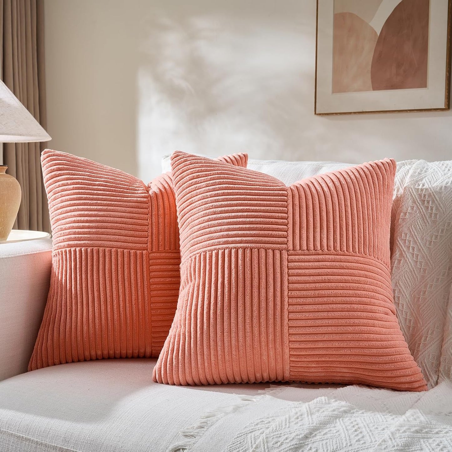 4 Packs Coral Decorative Throw Pillow Covers 18X18 Inch for Living Room Couch Bed, Rustic Farmhouse Boho Home Decor, Soft Cross Corduroy Patchwork Textured Peach Cushion Case 45X45 Cm