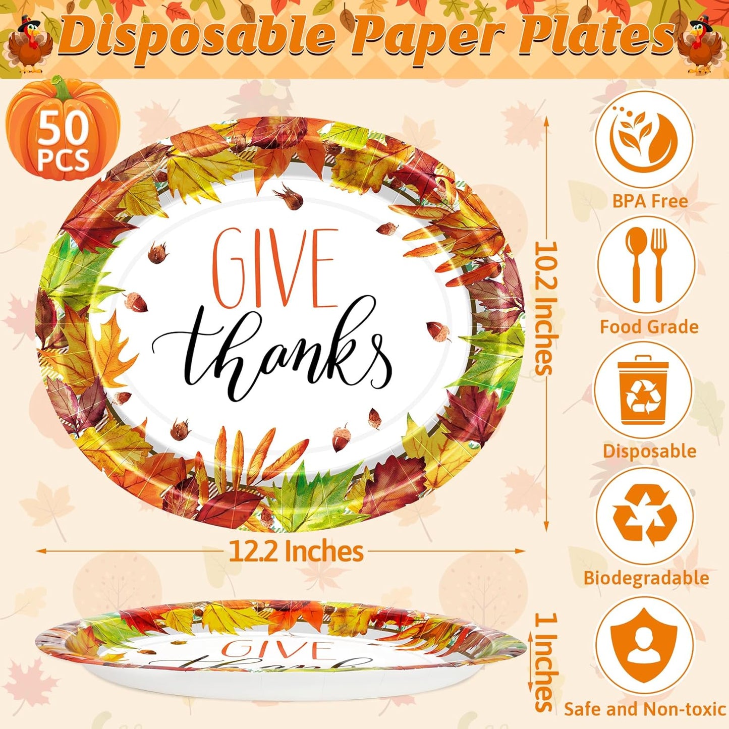 50 Pcs Thanksgiving Plates, 12.2 × 10.2 Inches Oval Thanksgiving Paper Plates, Maple Designs Disposable Fall Dinnerware, Heavy Duty Autumn Platters for Harvest Party Supplies Decorations