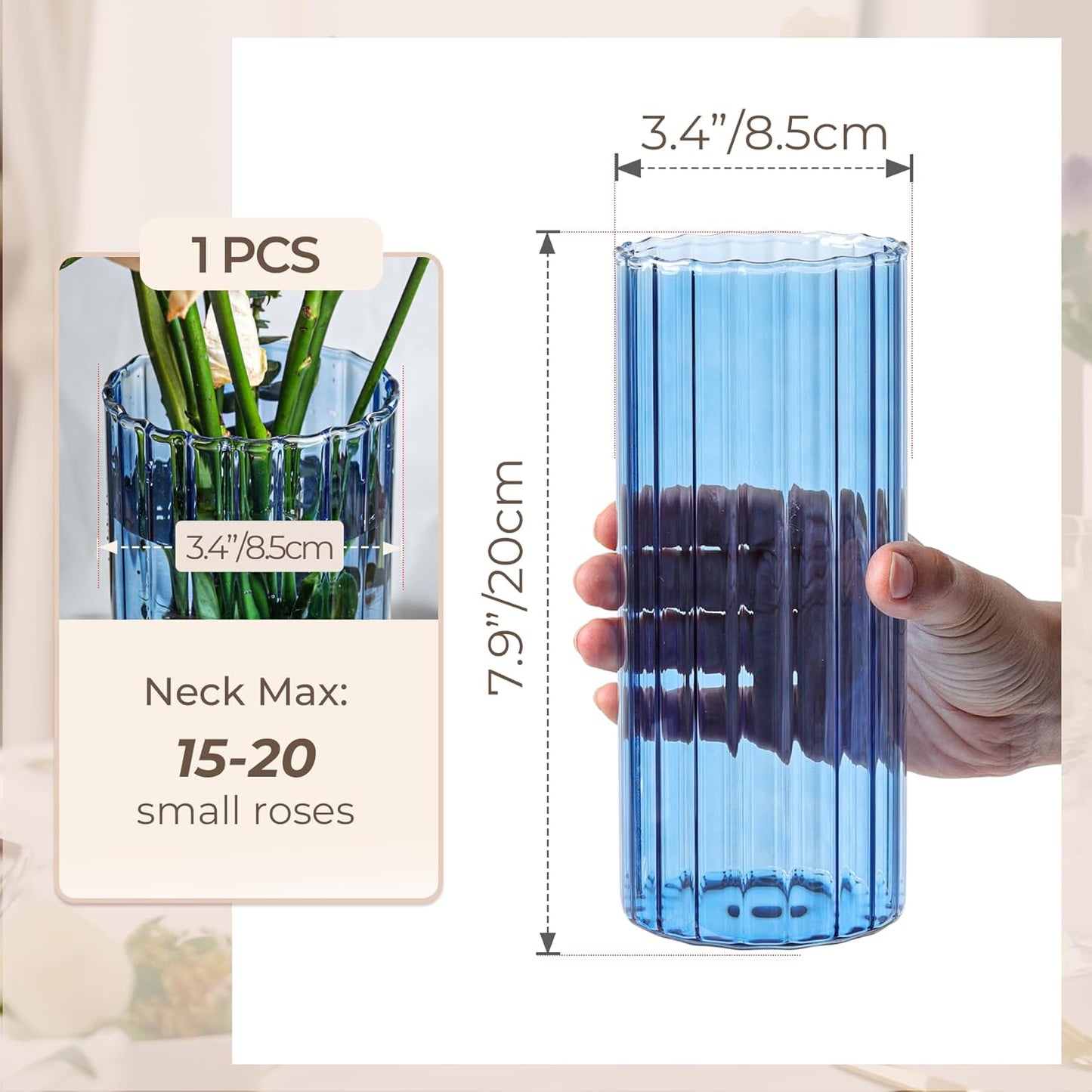 Glass Cylinder Vases, Bud Vase for Centerpieces, 8 Inch Tall Ribbed Vase Hurricane Floating Candle Holder, Decorative Flower Vases for Wedding Reception, Home Decor, Housewarming Gift (Blue)